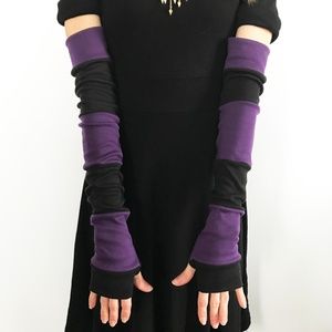 Long Striped Gloves Purple Hand Warmers Black Armwarmers Patchwork Arm Sleeves